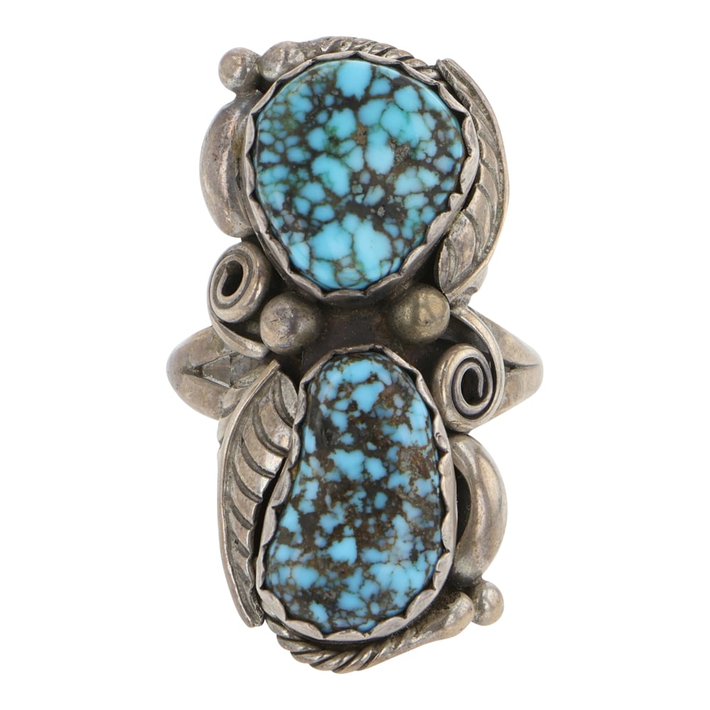 Vintage Navajo Spiderweb Turquoise Two Stone Ring (1 of 3)