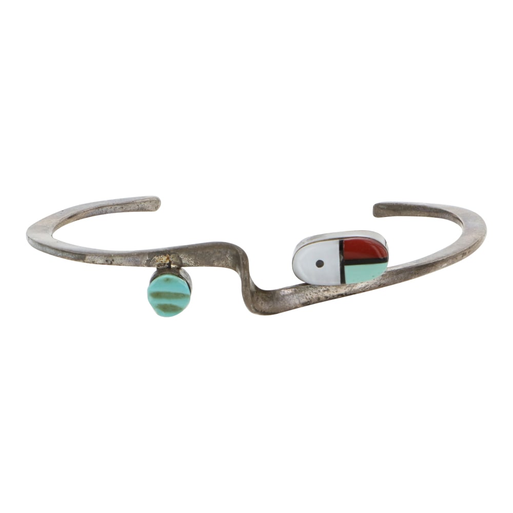 Vintage Zuni Turquoise Coral MoP Inlay Bracelet: Sterling Silver | Genuine Turquoise, Coral & Mother of Peral | Vintage Zuni Turquoise Coral MoP Inlay Bracelet | Zuni Native American Southwest Indian Jewelry | Good (no breaks or damages) | Approxima