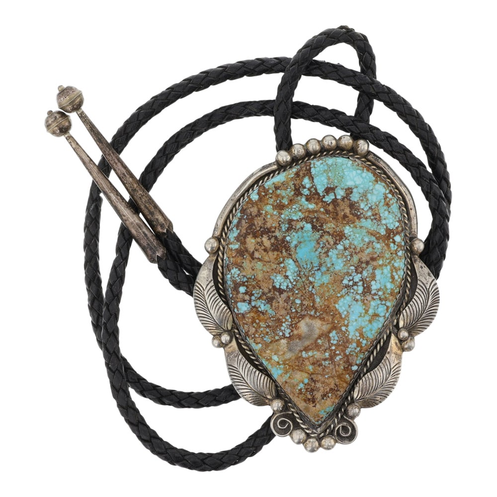 Dorothy Secatero Navajo Number Eight Turquoise Large Freeform Bolo Tie: Sterling Silver | Genuine Number Eight Turquoise | Dorothy Secatero Navajo Number Eight Turquoise Large Freeform Bolo Tie | Navajo Native American Southwest Indian Jewelry | Good (no breaks or damages