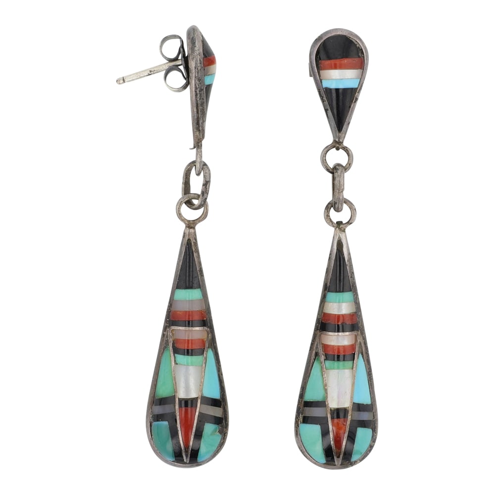 Vintage Zuni Turquoise Coral & MoP Inlay Earrings (1 of 2)