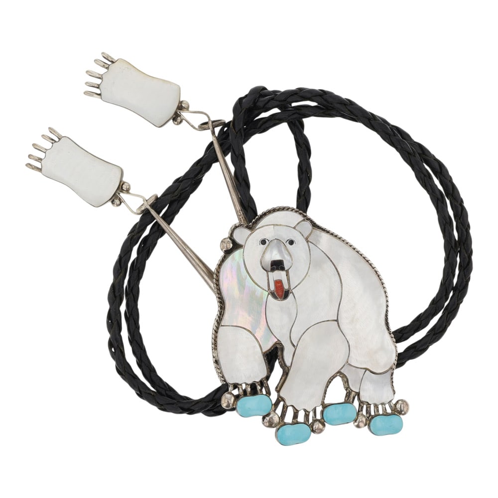 Vintage Zuni Turquoise Coral & MoP Inlay Intricate Bear Bolo Tie (1 of 3)