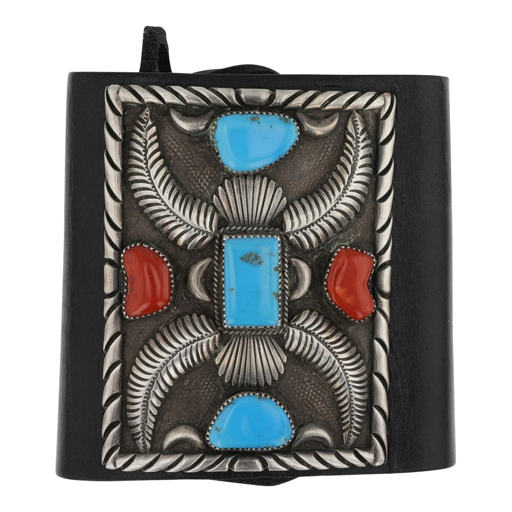 Navajo Turquoise & Coral Sterling Silver & Leather Bowgaurd Ketoh Bracelet: Sterling Silver | Genuine Turquoise & Coral | Navajo Turquoise & Coral Sterling Silver & Leather Bowgaurd Ketoh Bracelet | Navajo Native American Southwest Indian Jewelry | Good (no breaks or damages)