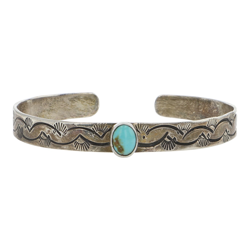 Vintage Navajo Nevada Turquoise Stamp-Work Bracelet: Sterling Silver | Genuine Nevada Turquoise | Vintage Navajo Nevada Turquoise Stamp-Work Bracelet | Navajo Native American Southwest Indian Jewelry | Good (no breaks or damages) | Approximate Weight: 1