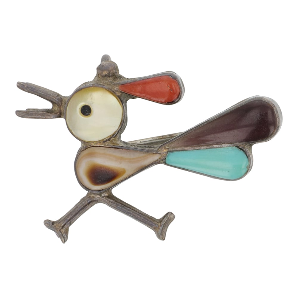 Vintage Zuni Turquoise Coral & Shell Inlay Pin: Sterling Silver | Genuine Turquoise & Coral | Vintage Zuni Turquoise Coral & Shell Inlay Pin | Zuni Native American Southwest Indian Jewelry | Good (no breaks or damages) | Approximate Weight: 1.5 Gra