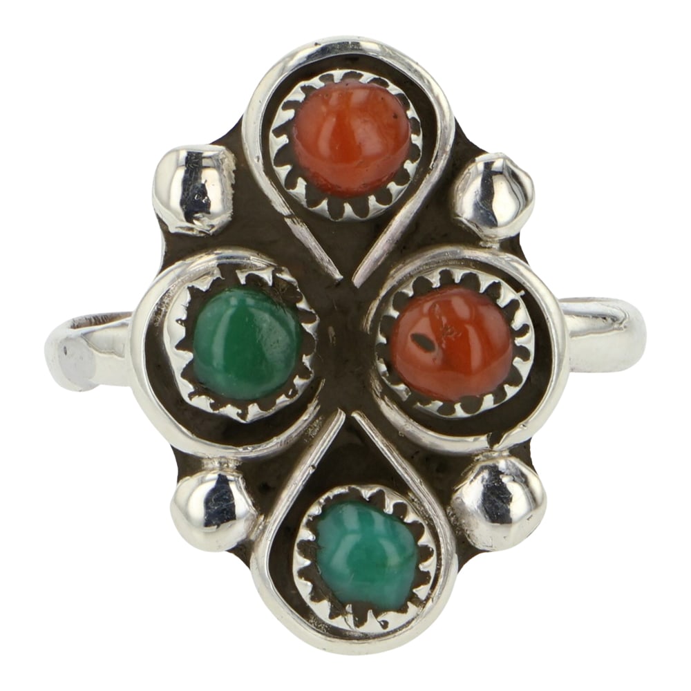 Navajo Turquoise & Coral Ring: Sterling Silver | Genuine Turquoise & Coral | Navajo Turquoise & Coral Ring | Navajo Native American Southwest Indian Jewelry | Good (no breaks or damages) | Approximate Weight: 3 Grams | Ring: 5