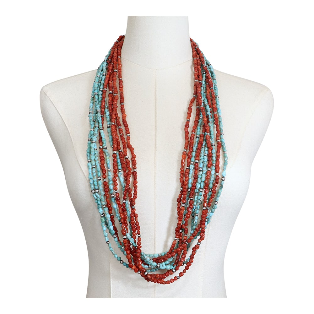 Theresa Skeets Navajo Mediterranean Coral & Kingman Turquoise Oxidized Silver Beads Long 10 Strand (1 of 3)