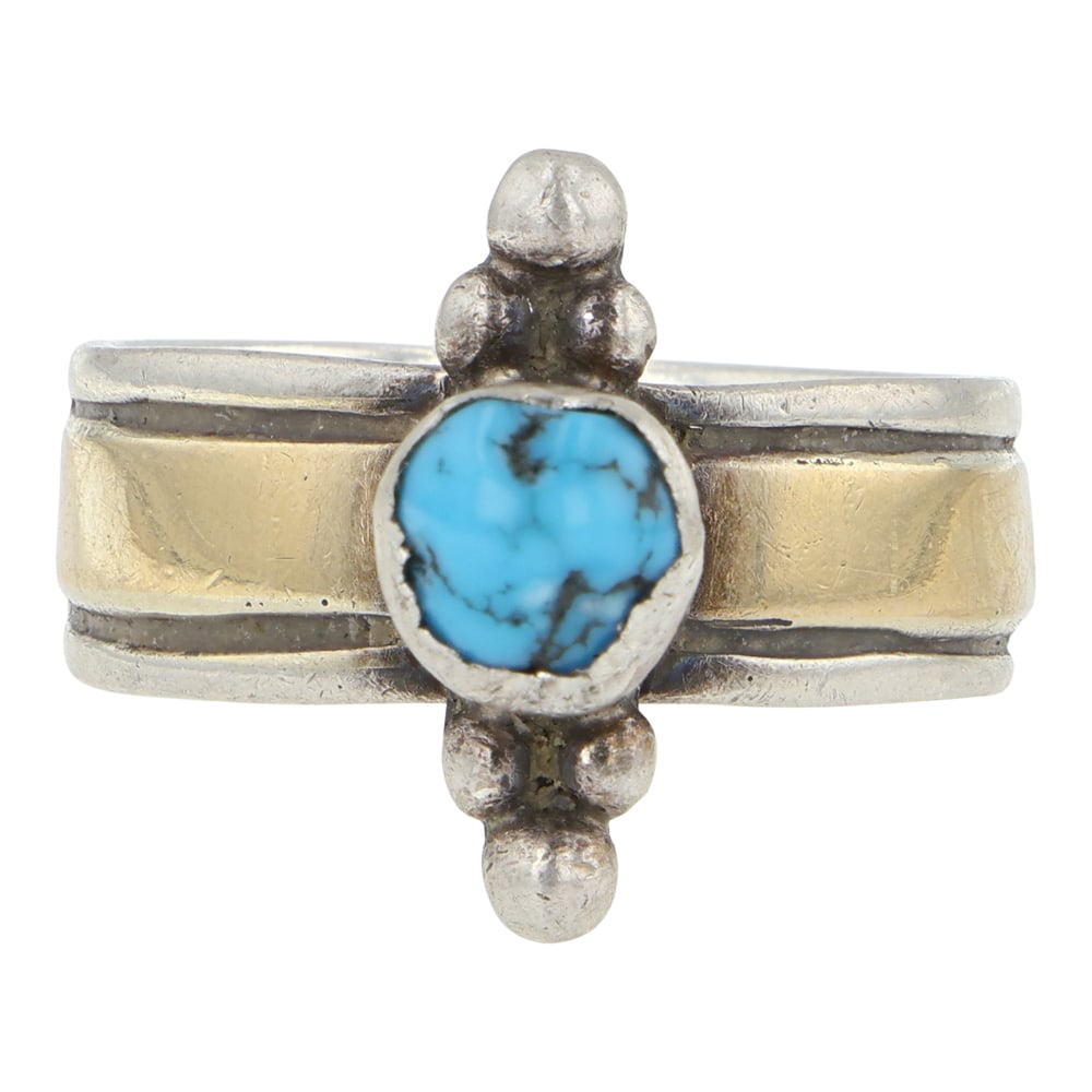 Alvin Monte Navajo 14K Gold & Sterling Silver Kingman Turquoise Ring: Sterling Silver | Genuine Kingman Turquoise | Alvin Monte Navajo 14K Gold & Sterling Silver Kingman Turquoise Ring | Navajo Native American Southwest Indian Jewelry | Good (no breaks or damages) | App