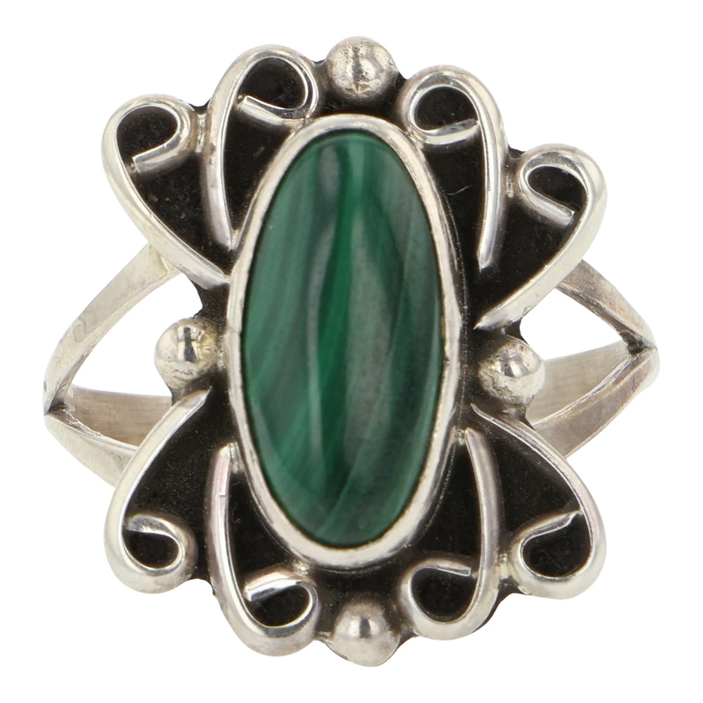 Navajo Malachite Ring: Sterling Silver | Genuine Malachite | Navajo Malachite Ring | Navajo Native American Southwest Indian Jewelry | Good (no breaks or damages) | Approximate Weight: 4 Grams | Ring: 9 size, .75" x .5" fac