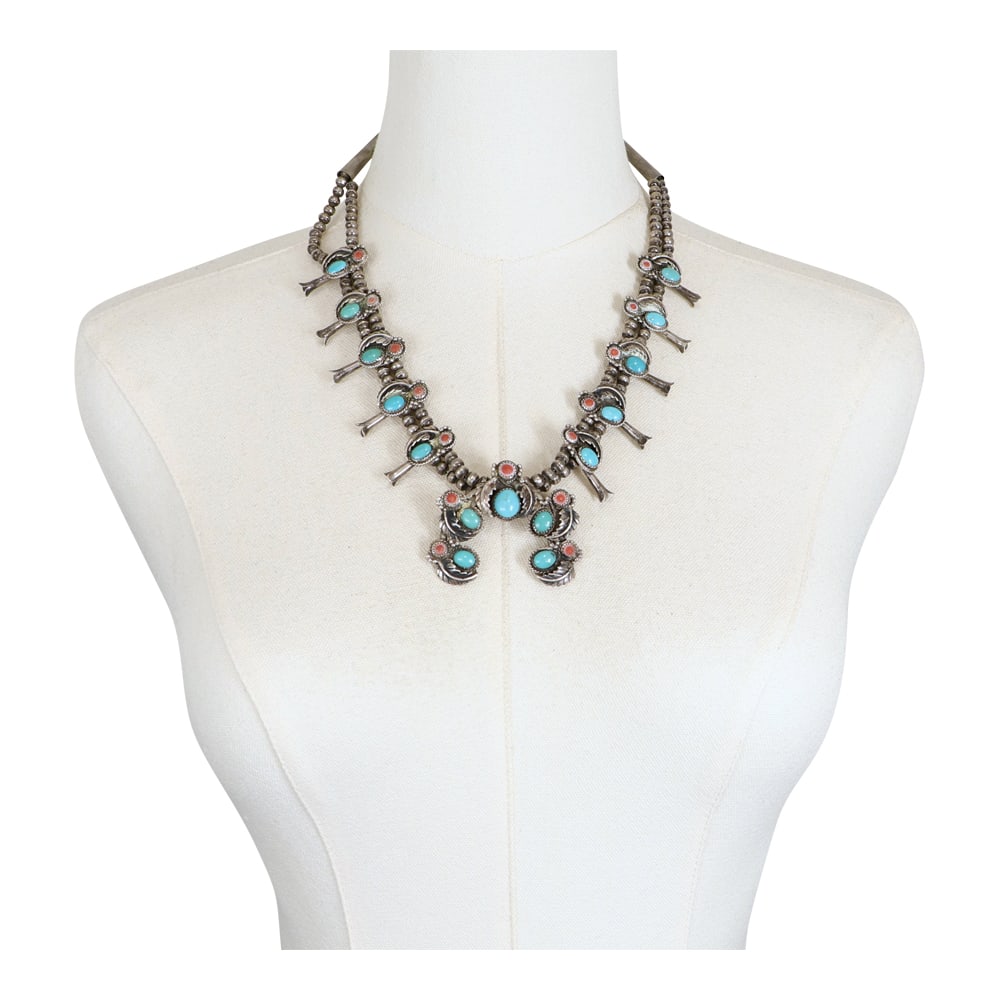 Vintage Navajo Turquoise & Coral Squash Blossom Necklace (1 of 4)