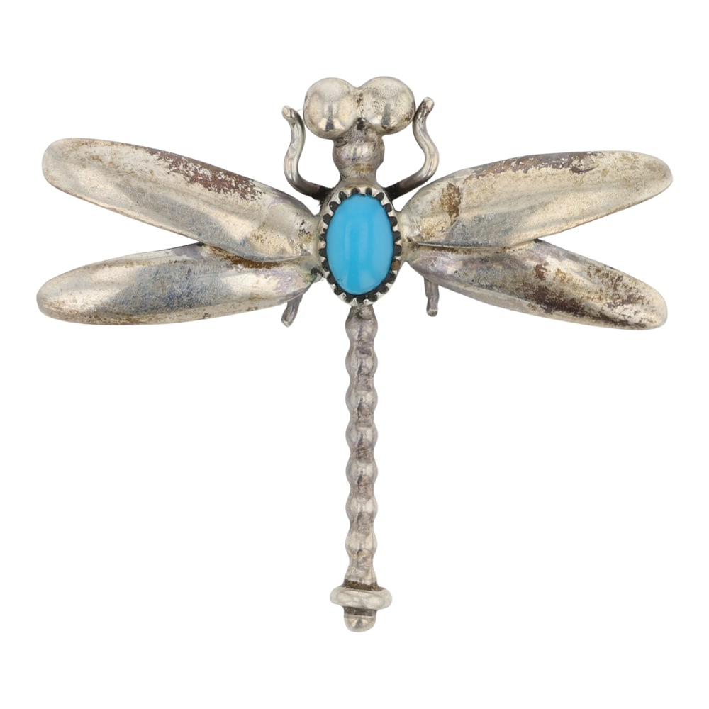 Vintage Navajo Kingman Turquoise Dragonfly Pin: Sterling Silver | Genuine Kingman Turquoise | Vintage Navajo Kingman Turquoise Dragonfly Pin | Navajo Native American Southwest Indian Jewelry | Good (no breaks or damages) | Approximate Weight: 4 Gra