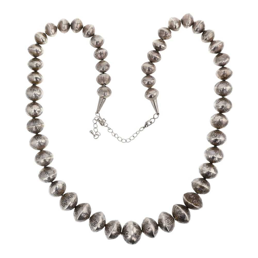Navajo Stamp-Work Hand Made Beads Graduated Necklace: Sterling Silver | | Navajo Stamp-Work Hand Made Beads Graduated Necklace | Navajo Native American Southwest Indian Jewelry | Good (no breaks or damages) | Approximate Weight: 101 Grams | Necklace: 30"