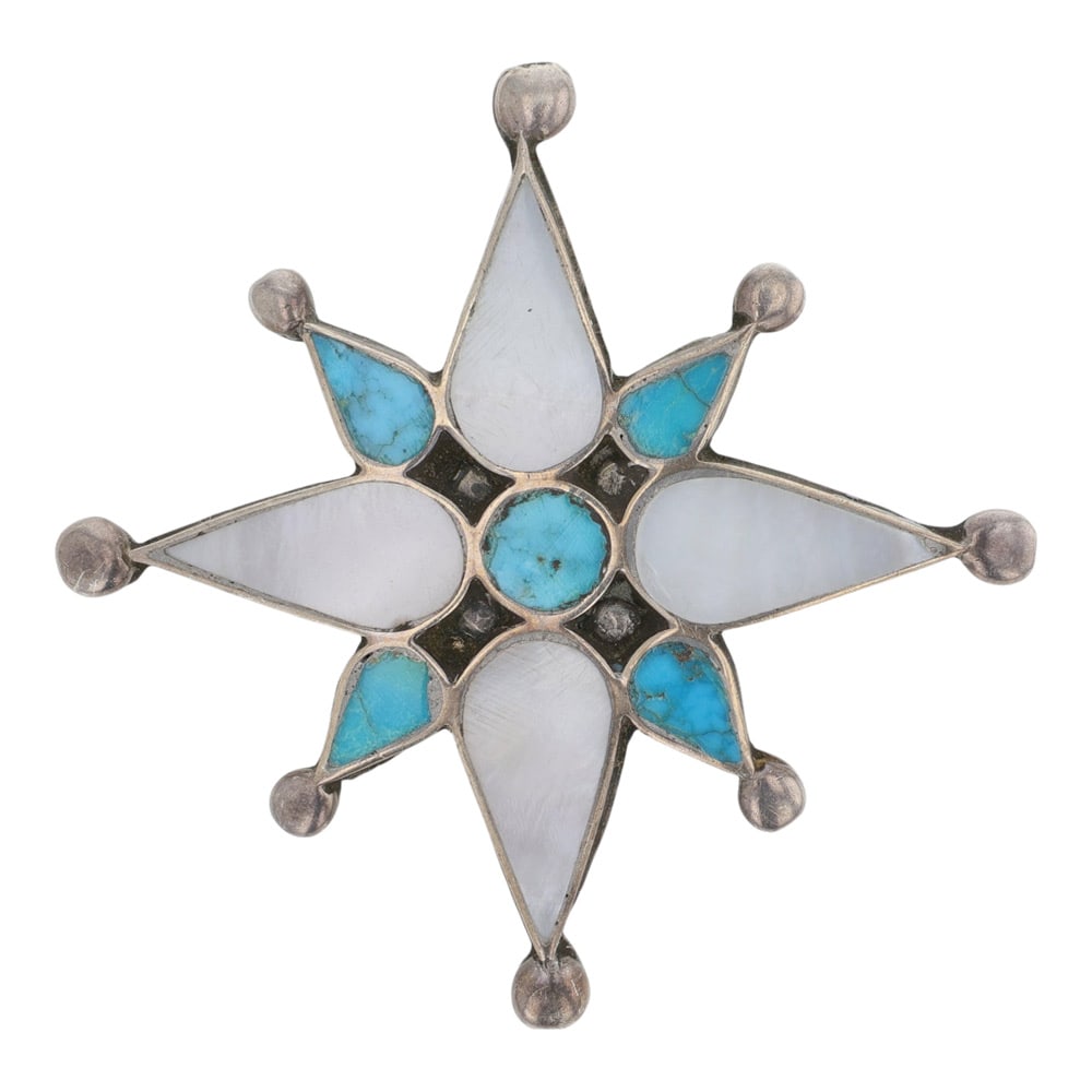 Vintage Zuni Turquoise & Mother of Peral Inlay Pin: Sterling Silver | Genuine Turquoise & Mother of Pearl | Vintage Zuni Turquoise & Mother of Peral Inlay Pin | Zuni Native American Southwest Indian Jewelry | Good (no breaks or damages) | Approximate W