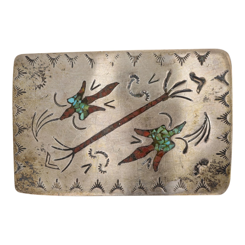 Vintage Navajo Turquoise & Coral Chip Inlay Peyote Bird Belt Buckle: Sterling Silver | Genuine Turquoise & Coral | Vintage Navajo Turquoise & Coral Chip Inlay Peyote Bird Belt Buckle | Navajo Native American Southwest Indian Jewelry | Good (no breaks or damages) | Appr