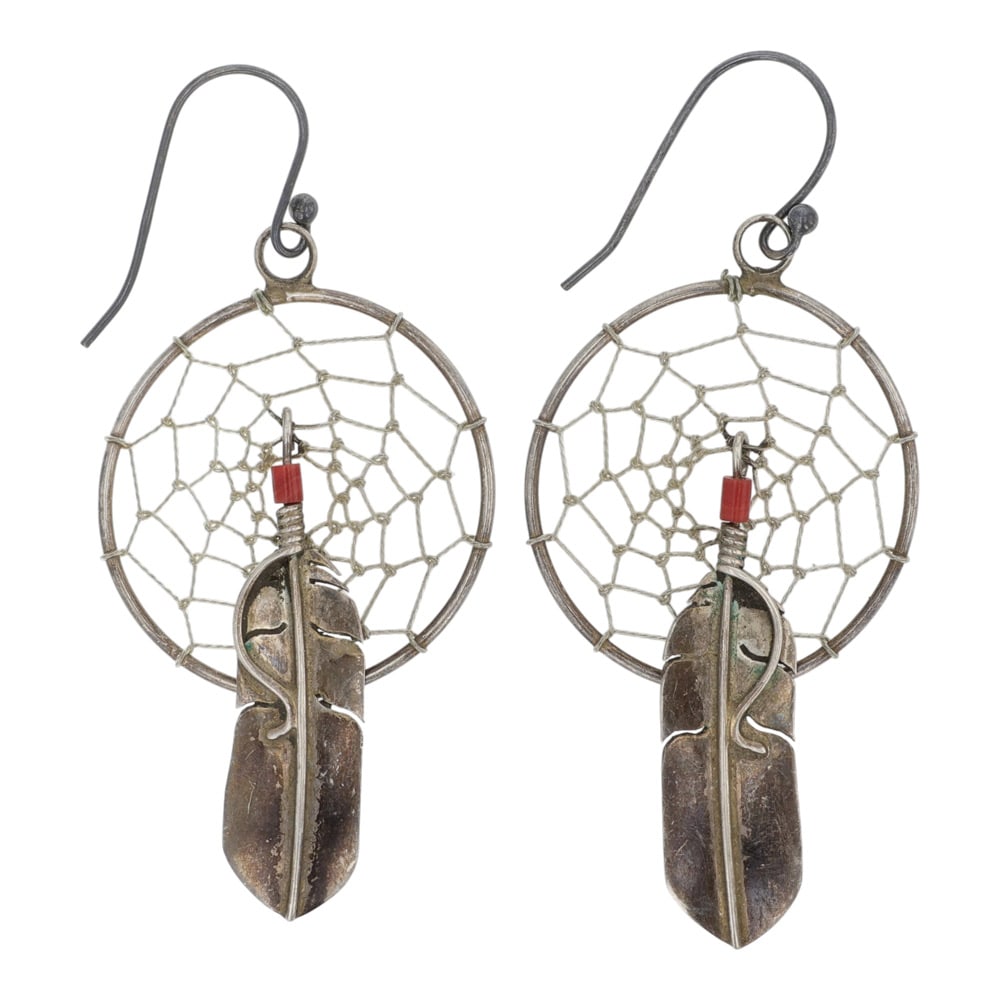 Vintage Navajo Coral Dream Catcher Earrings (1 of 2)