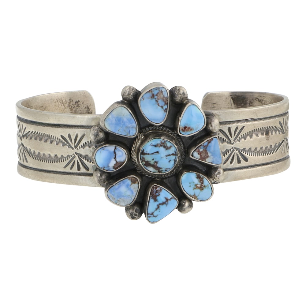 Bobby Johnson Navajo Golden Hills Turquoise Cluster Stamp-Work Bracelet (1 of 3)