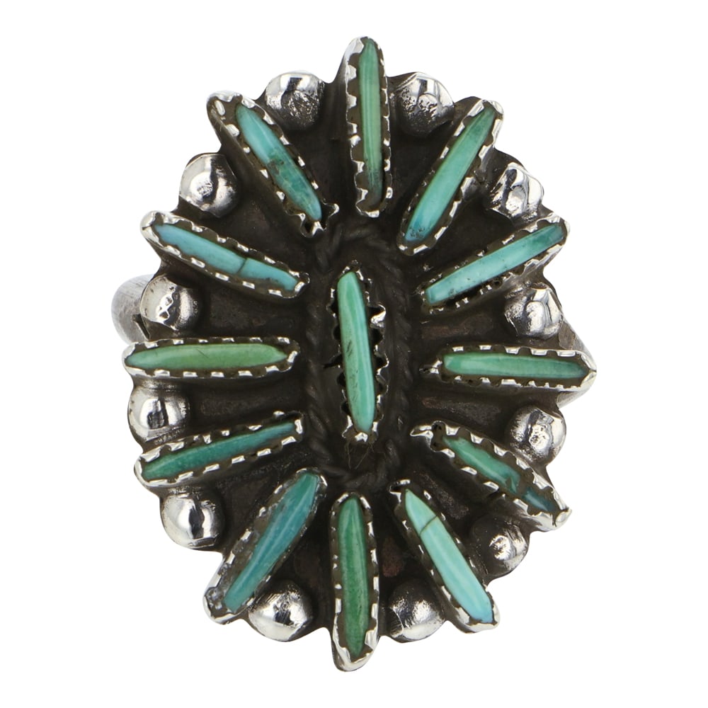 Zuni Turquoise Needlepoint Ring: Sterling Silver | Genuine Turquoise | Zuni Turquoise Needlepoint Ring | Zuni Native American Southwest Indian Jewelry | Good (no breaks or damages) | Approximate Weight: 7 Grams | Ring: 9 size, 1" x .