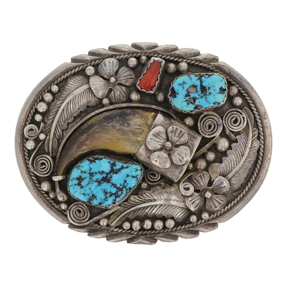 Ma' Atsidii Acclaimed Navajo Artist Turquoise Coral & Bear Claw Belt Buckle: Sterling Silver | Genuine Turquoise & Coral | Ma' Atsidii Acclaimed Navajo Artist Turquoise Coral & Bear Claw Belt Buckle | Navajo Native American Southwest Indian Jewelry | Good (no breaks or damages