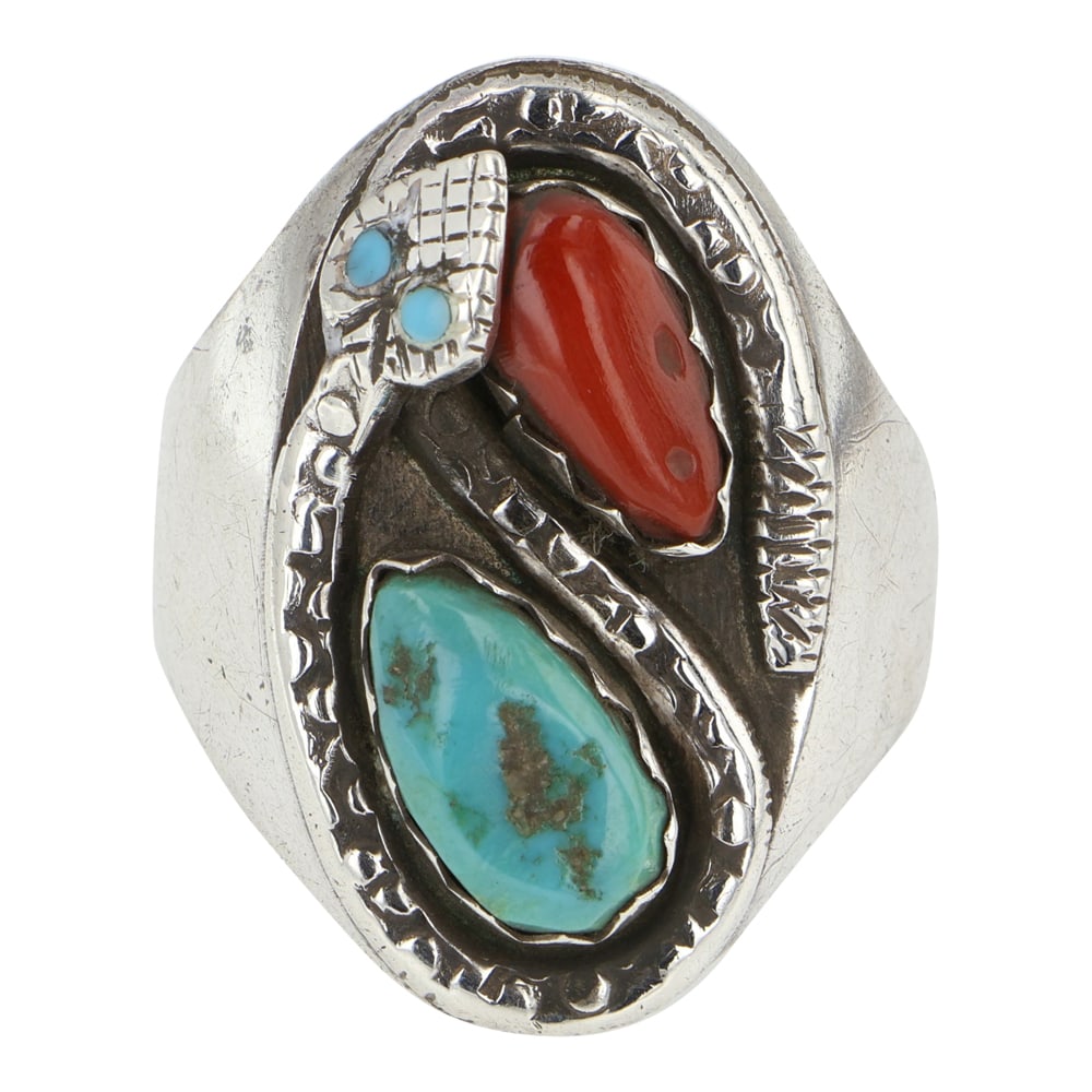 Ray Nieto Zuni Turquoise & Mediterranean Coral Snake Ring (1 of 3)