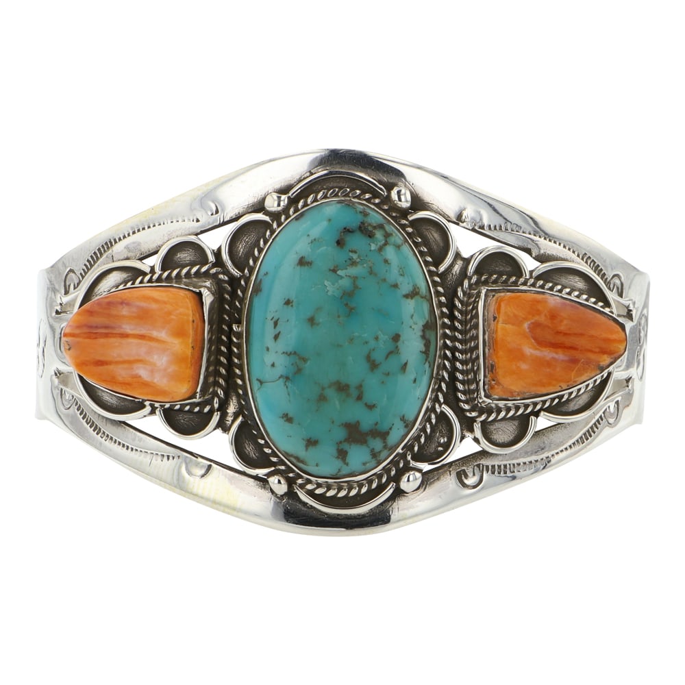 Navajo Turquoise & Spiny Oyster Three Stone Cuff Bracelet: Sterling Silver | Genuine Turquoise & Spiny Oyster | Navajo Turquoise & Spiny Oyster Three Stone Cuff Bracelet | Navajo Native American Southwest Indian Jewelry | Good (no breaks or damages) | Approxi