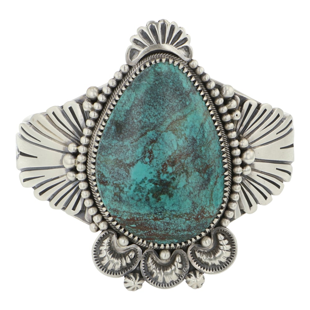 Mark Yazzie Navajo Hubei Turquoise Cuff Bracelet: Sterling Silver | Genuine Hubei Turquoise | Mark Yazzie Navajo Hubei Turquoise Cuff Bracelet | Navajo Native American Southwest Indian Jewelry | Good (no breaks or damages) | Approximate Weight: 99