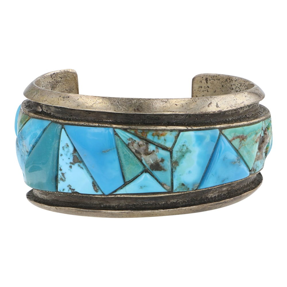 John Hornbeck Anglo Southwest Artist Nevada Turquoise Cobblestone Inlay Large Cuff Bracelet: Sterling Silver | Genuine Nevada Turquoise | John Hornbeck Anglo Southwest Artist Nevada Turquoise Cobblestone Inlay Large Cuff Bracelet | Anglo American Southwest Jewelry | Good (no breaks or damages