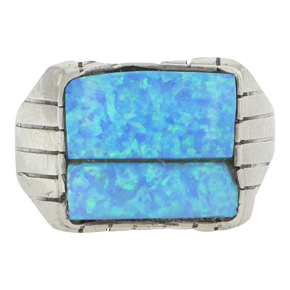 Navajo Synthetic Opal Inlay Ring: Sterling Silver | Synthetic Opal | Navajo Synthetic Opal Inlay Ring | Navajo Native American Southwest Indian Jewelry | Good (no breaks or damages) | Approximate Weight: 10 Grams | Ring: 10 size, .75"