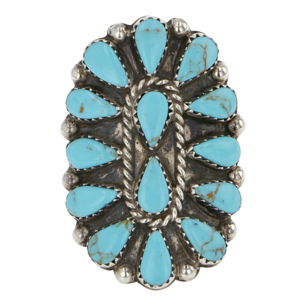 Navajo Cluster Block Ring: Sterling Silver | Block | Navajo Cluster Block Ring | Navajo Native American Southwest Indian Jewelry | Good (no breaks or damages) | Approximate Weight: 11 Grams | Ring: 8 size, 1.5" x 1" face |