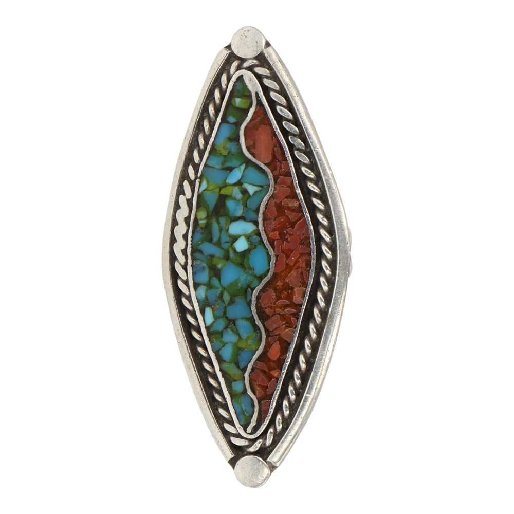 Navajo Turquoise & Coral Chip Inlay Ring: Sterling Silver | Genuine Turquoise & Coral | Navajo Turquoise & Coral Chip Inlay Ring | Navajo Native American Southwest Indian Jewelry | Good (no breaks or damages) | Approximate Weight: 13 Grams |
