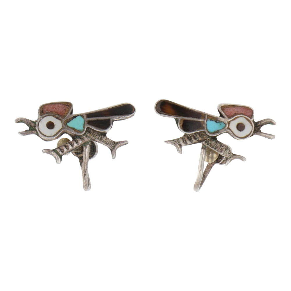 Zuni Turquoise MoP Inlay Earrings: Sterling Silver | Genuine Turquoise & Mother of Pearl | Zuni Turquoise MoP Inlay Earrings | Zuni Native American Southwest Indian Jewelry | Good (no breaks or damages) | Approximate Weight: 3 Grams | 
