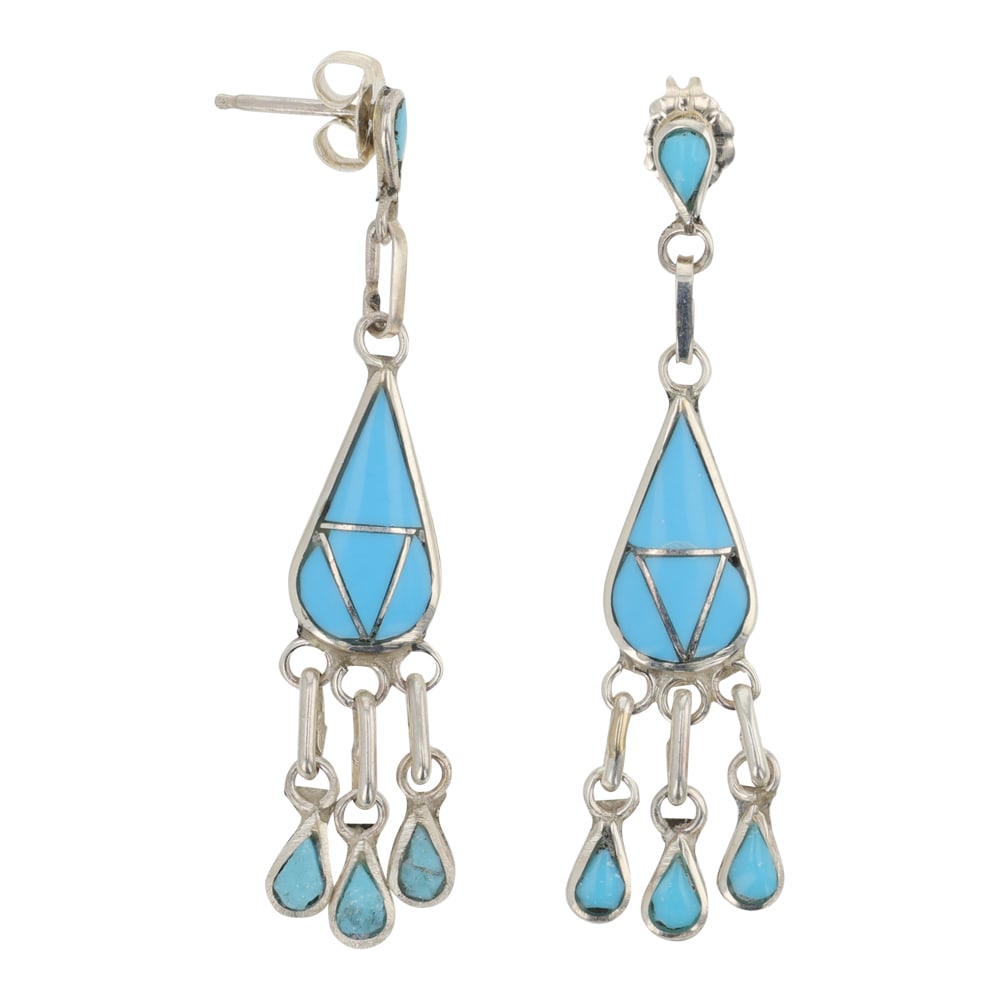 Zuni Turquoise Inlay Earrings: Sterling Silver | Genuine Turquoise | Zuni Turquoise Inlay Earrings | Zuni Native American Southwest Indian Jewelry | Good (no breaks or damages) | Approximate Weight: 3 Grams | Earrings: 1.75" x .5" 