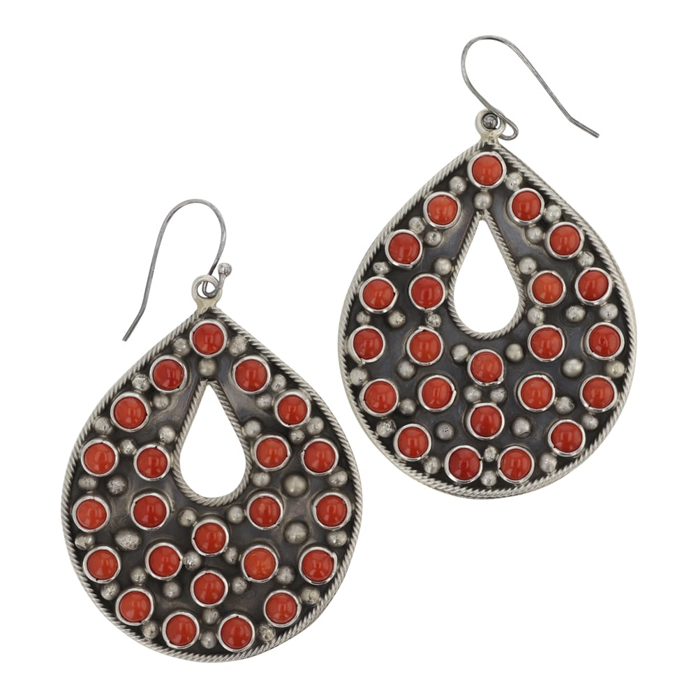 Eleanor Largo (1953-2021) Navajo Mediterranean Coral Earrings: Sterling Silver | Genuine Mediterranean Coral | Eleanor Largo (1953-2021) Navajo Mediterranean Coral Earrings | Navajo Native American Southwest Indian Jewelry | Good (no breaks or damages) | Approxim
