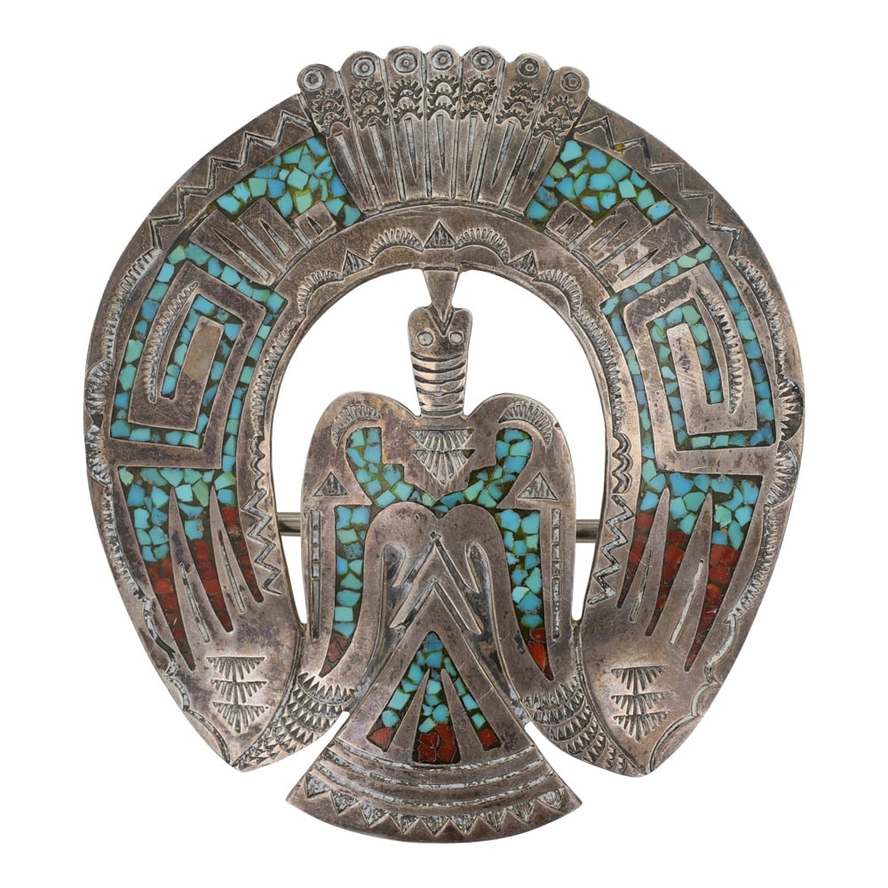 Gibson Gene Navajo Vintage 1970's Turquoise & Coral Chip Inlay Peytoe Bird Belt Buckle: Sterling Silver | Genuine Turquoise & Coral | Gibson Gene Navajo Vintage 1970's Turquoise & Coral Chip Inlay Peytoe Bird Belt Buckle | Navajo Native American Southwest Indian Jewelry | Good (no breaks