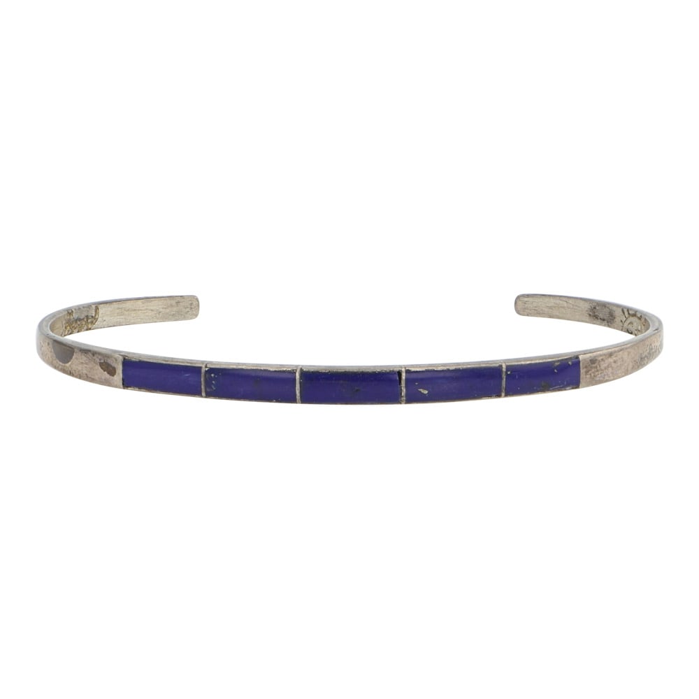 Vintage Zuni Lapis Inlay Bracelet: Sterling Silver | Genuine Lapis | Vintage Zuni Lapis Inlay Bracelet | Zuni Native American Southwest Indian Jewelry | Good (no breaks or damages) | Approximate Weight: 4 Grams | Bracelet: 4.75" inner,