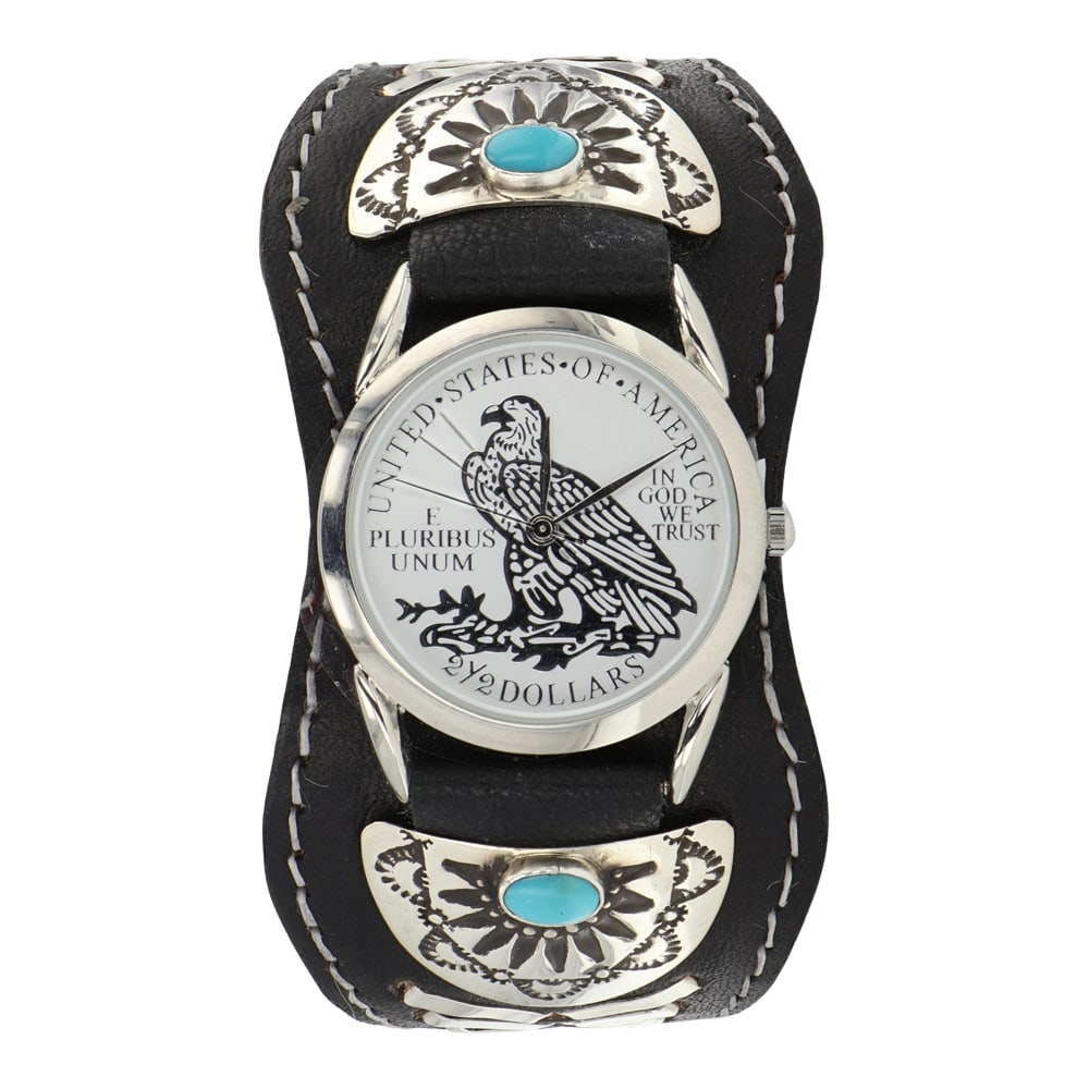 Frank Armstron Navajo Kingman Turquoise Leather & Sterling Silver Watch Bracelet: Sterling Silver | Genuine Kingman Turquoise | Frank Armstron Navajo Kingman Turquoise Leather & Sterling Silver Watch Bracelet | Navajo Native American Southwest Indian Jewelry | Good (no breaks or da