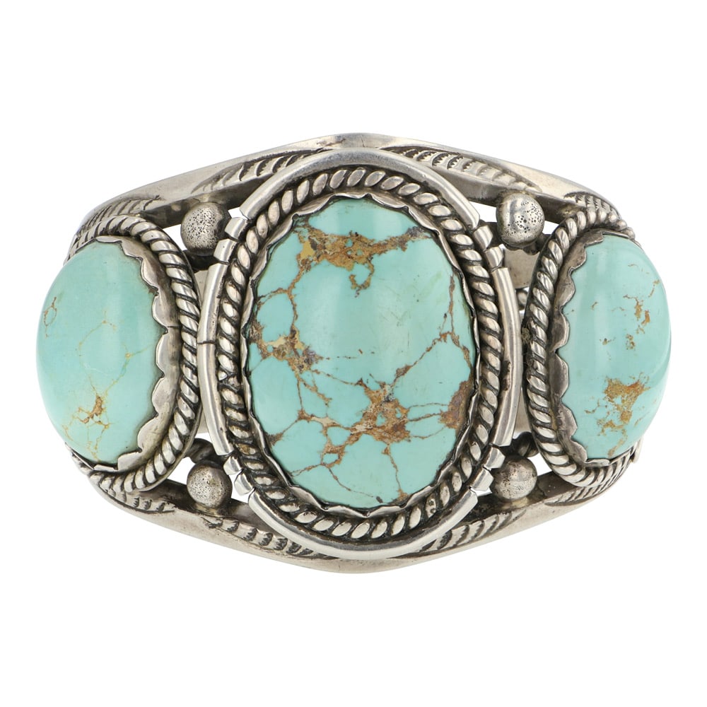 Kee Joe Benally (1936-2014) Renown Vintage Important Artist Navajo Artist Royston Turquoise Three: Sterling Silver | Genuine Royston Turquoise | Kee Joe Benally (1936-2014) Renown Vintage Important Artist Navajo Artist Royston Turquoise Three Stone Bracelet | Navajo Native American Southwest Indian