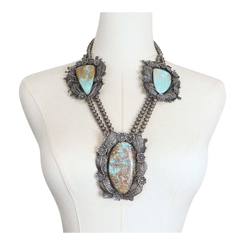 Tawney Willie Navajo / Sioux Tribe Number Eight Turquoise Large Freeform Leaf work Necklace: Sterling Silver | Genuine Number Eight Turquoise | Tawney Willie Navajo / Sioux Tribe Number Eight Turquoise Large Freeform Leaf work Necklace | Navajo Native American Southwest Indian Jewelry | Good 