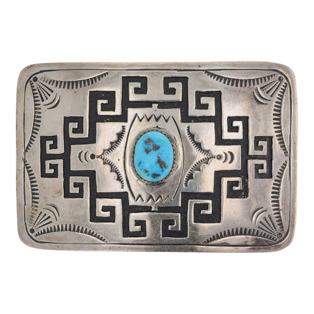 Jacob Kahe Navajo Kingman Turquoise Rug Pattern Design Belt Buckle: Sterling Silver | Genuine Kingman Turquoise | Jacob Kahe Navajo Kingman Turquoise Rug Pattern Design Belt Buckle | Navajo Native American Southwest Indian Jewelry | Good (no breaks or damages) | Appro