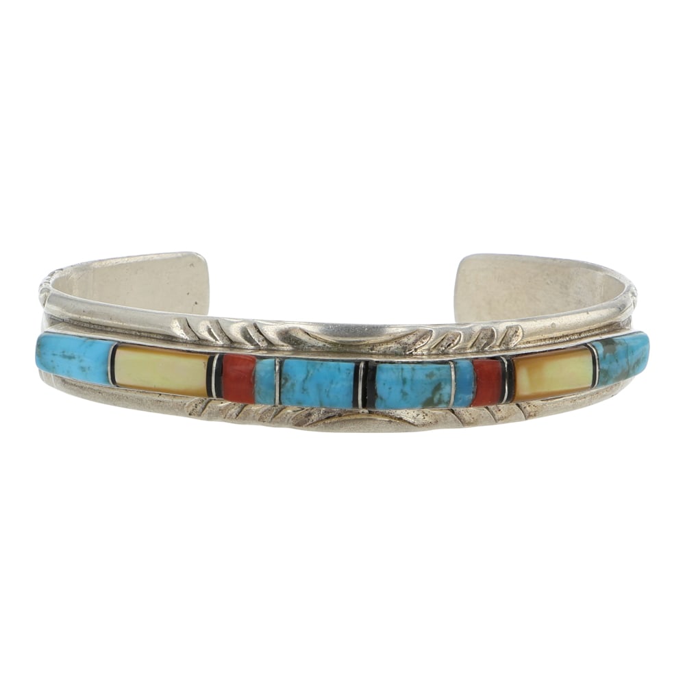 Zuni Turquoise Coral Acoma Jet & Shell Inlay Cuff Bracelet (1 of 4)