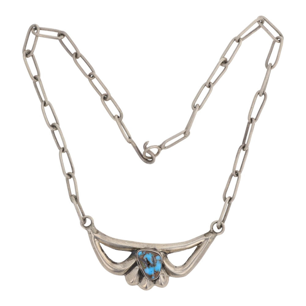 Vintage Navajo Bisbee Turquoise Sandcast Necklace: Sterling Silver | Genuine Bisbee Turquoise | Vintage Navajo Bisbee Turquoise Sandcast Necklace | Navajo Native American Southwest Indian Jewelry | Good (no breaks or damages) | Approximate Weight: 25 