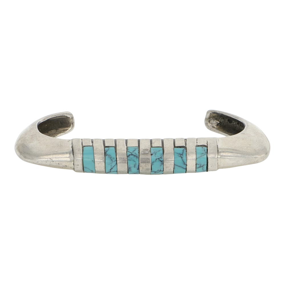 Navajo Turquoise Inlay Triangle Wire Bracelet: Sterling Silver | Genuine Turquoise | Navajo Turquoise Inlay Triangle Wire Bracelet | Navajo Native American Southwest Indian Jewelry | Good (no breaks or damages) | Approximate Weight: 34 Grams | Bra