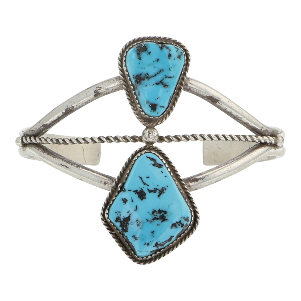 Vintage Acoma Tribe Sleeping Beauty Turquoise Two Stone Cuff Bracelet: Sterling Silver | Genuine Sleeping Beauty Turquoise | Vintage Acoma Tribe Sleeping Beauty Turquoise Two Stone Cuff Bracelet | Navajo Native American Southwest Indian Jewelry | Good (no breaks or damag