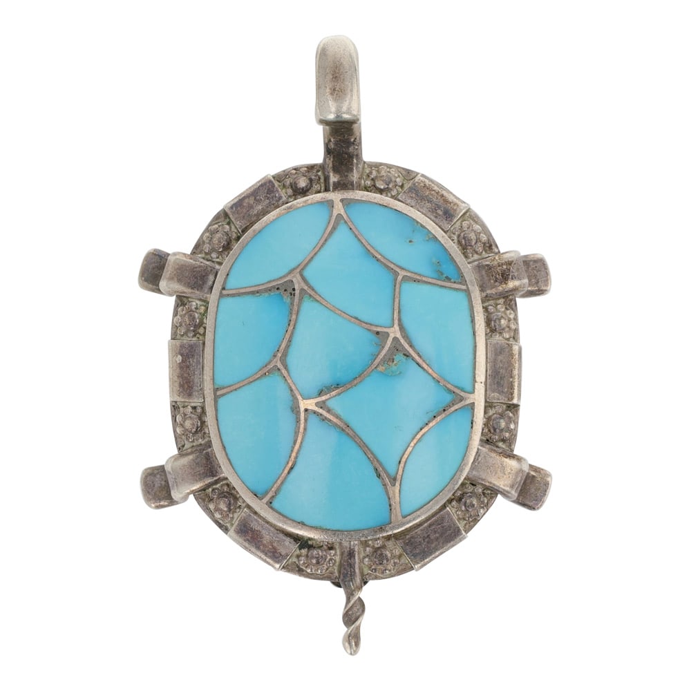 Claudine Halloo Zuni Sleeping Beauty Turquoise Inlay Turtle Pin / Pendant: Sterling Silver | Genuine Sleeping Beauty Turquoise | Claudine Halloo Zuni Sleeping Beauty Turquoise Inlay Turtle Pin / Pendant | Zuni Native American Southwest Indian Jewelry | Good (no breaks or dam