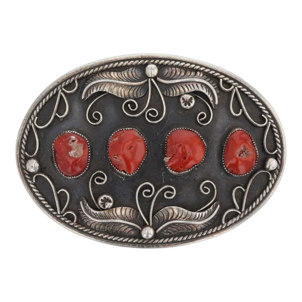 Teddy Goodluck Navajo Mediterranean Freeform Coral Belt Buckle: Sterling Silver | Genuine Freeform Coral | Teddy Goodluck Navajo Mediterranean Freeform Coral Belt Buckle | Navajo Native American Southwest Indian Jewelry | Good (no breaks or damages) | Approximate 