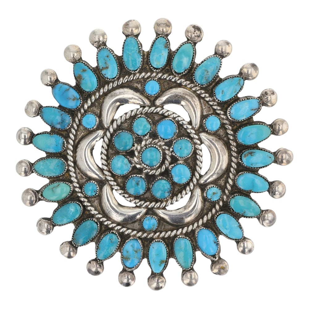 Vintage Zuni Kingman Turquoise Cluster Pin: Sterling Silver | Genuine Kingman Turquoise | Vintage Zuni Kingman Turquoise Cluster Pin | Zuni Native American Southwest Indian Jewelry | Good (no breaks or damages) | Approximate Weight: 18 Grams | 