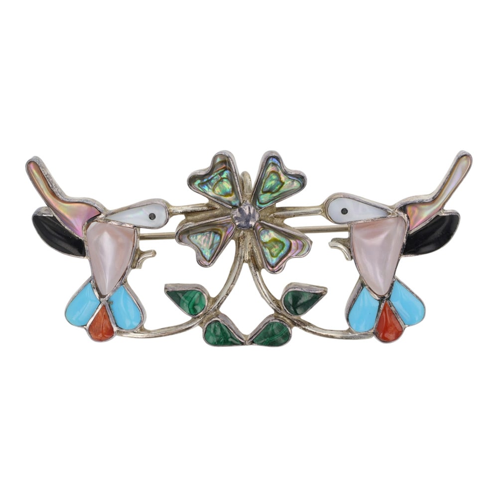 Zuni Turquoise Coral Mother of Pearl Malachite & Shell Inlay Pin / Pendant (1 of 2)