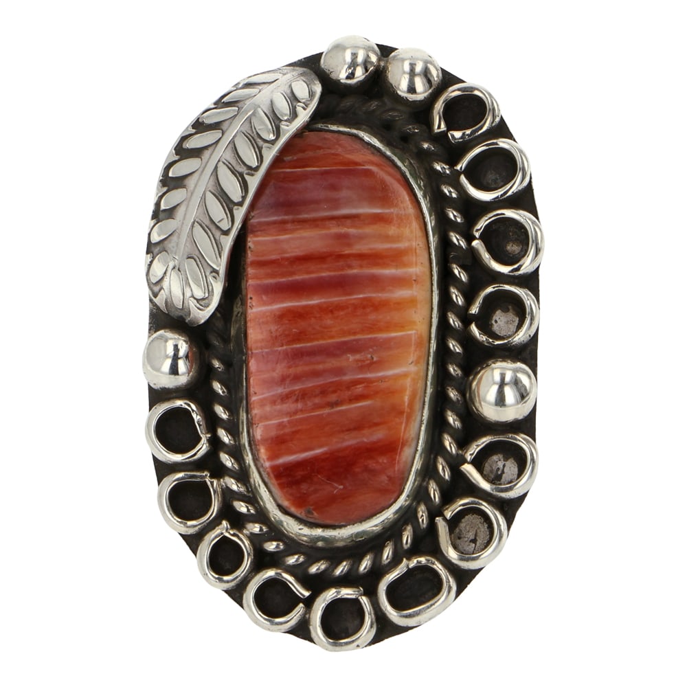 Navajo Spiny Oyster Ring: Sterling Silver | Genuine Spiny Oyster | Navajo Spiny Oyster Ring | Navajo Native American Southwest Indian Jewelry | Good (no breaks or damages) | Approximate Weight: 11 Grams | Ring: 5 size, 1.5" x 