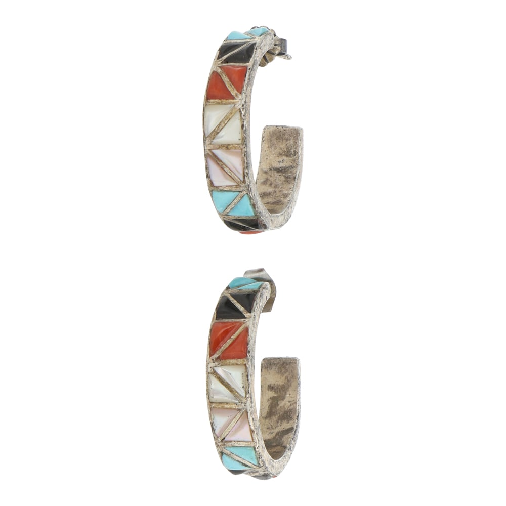 Vintage Zuni Turquoise Coral MoP & Jet Inlay Hoop Earrings: Sterling Silver | Genuine Turquoise, Coral, Mother of Pearl & Jet | Vintage Zuni Turquoise Coral MoP & Jet Inlay Hoop Earrings | Zuni Native American Southwest Indian Jewelry | Good (no breaks or dama