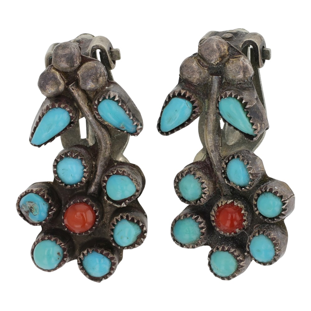 Vintage Navajo Turquoise & Coral Flower Clip-on Earrings (1 of 2)