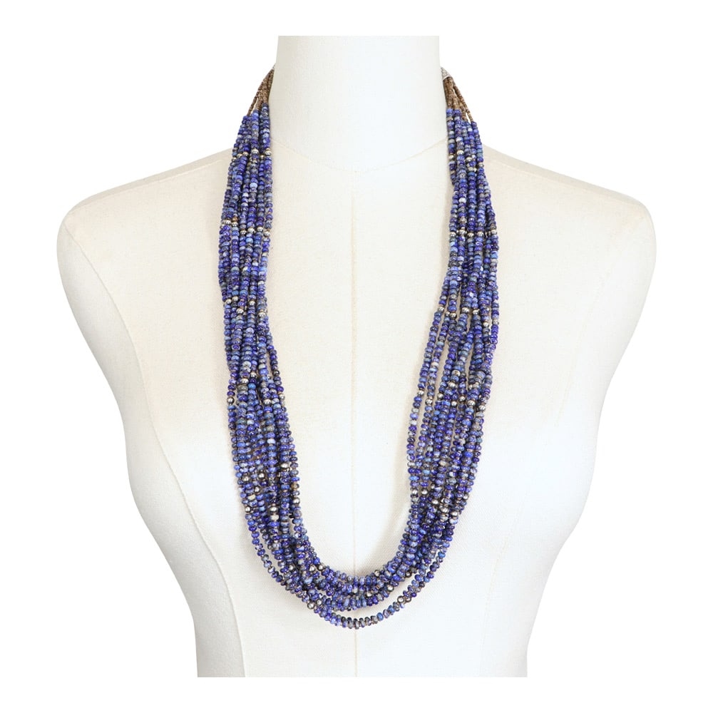 Navajo Lapis Baby Olive Shell & Oxidized Beads 10 Strand Long Necklace (1 of 3)