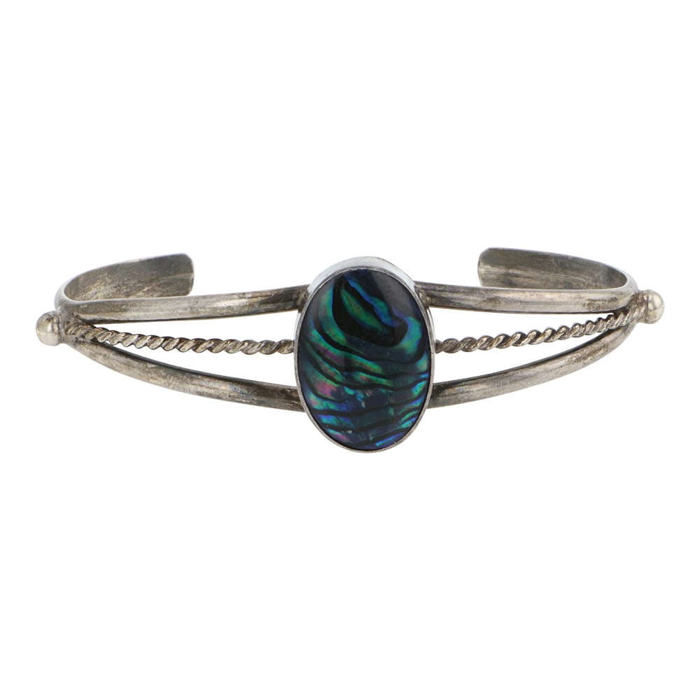 Vintage Navajo Paua Shell Cuff Bracelet: Sterling Silver | Genuine Paua Shell | Vintage Navajo Paua Shell Cuff Bracelet | Navajo Native American Southwest Indian Jewelry | Good (no breaks or damages) | Approximate Weight: 10 Grams | Bracelet